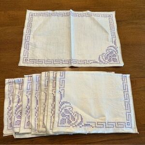 Vintage White Purple Linen Cross Stitch Floral Heart Greek Key Placemats Set 8